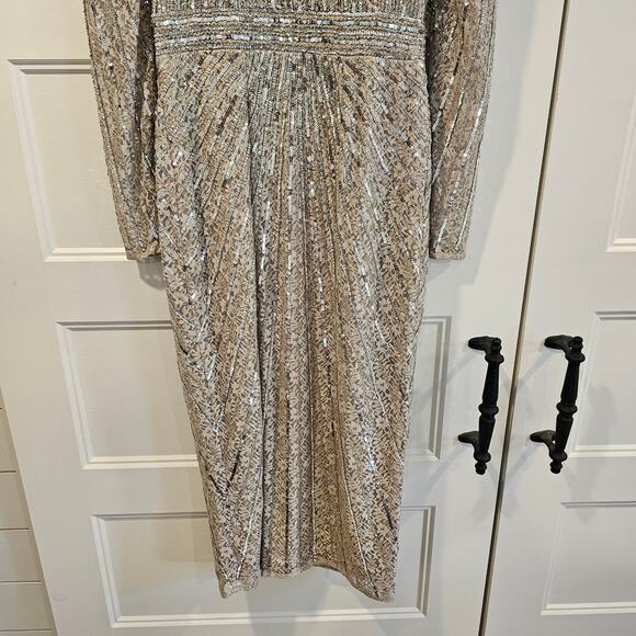 Mac Duggal 93676 V Neck Beaded Lace Midi Long Sleeve Dress Silver Taupe Size 4 - Picture 4 of 10